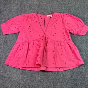 ASOS DESIGN Top Womens Size 8 Pink Eyelet Cotton Puff Sleeve Babydoll Blouse